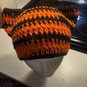 Handmade Orange and Black Cat Ear Beanie